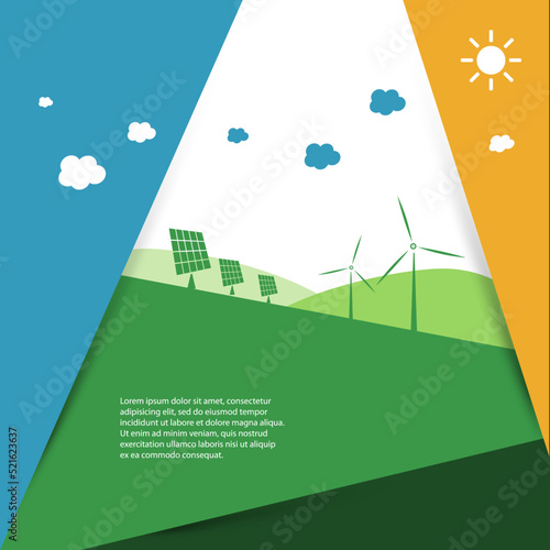 Sustainable Resources, Renewable, Reusable Green Energy Concept with Solar Panels and Wind Turbines - Future Alternative Power Generation Methods Concept Design -Illustration in Editable Vector Format