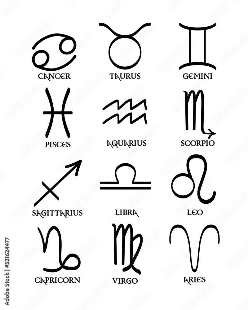Hand drawn vector symbols of zodiac signs. Horoscope sign symbols set ...