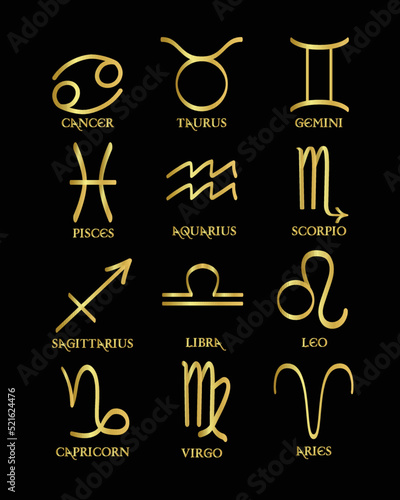 Hand drawn vector gold symbols of zodiac signs. Horoscope sign symbols set.