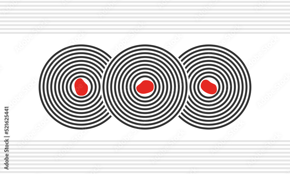 Fototapeta premium 3 concentric circles and 3 red stones, meditation zen garden top view or life balance vector illustration