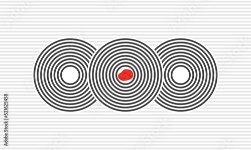 3 concentric circles and 1 red stones, meditation zen garden top view or life balance vector illustration