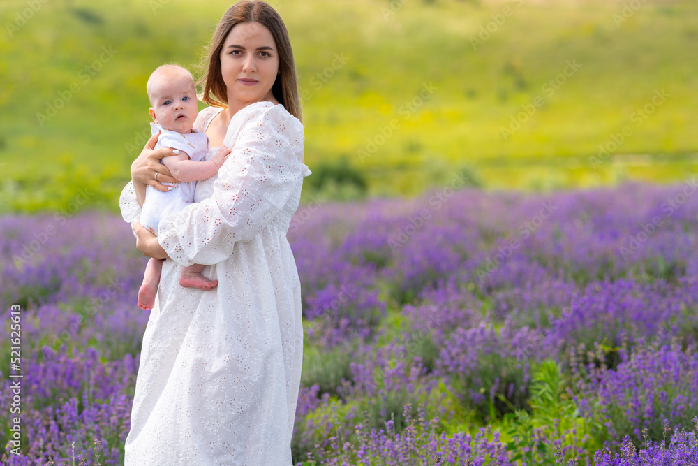 Young mother standing in a lavender field holding a little baby Young mother standing in a lavender field holding a little baby
