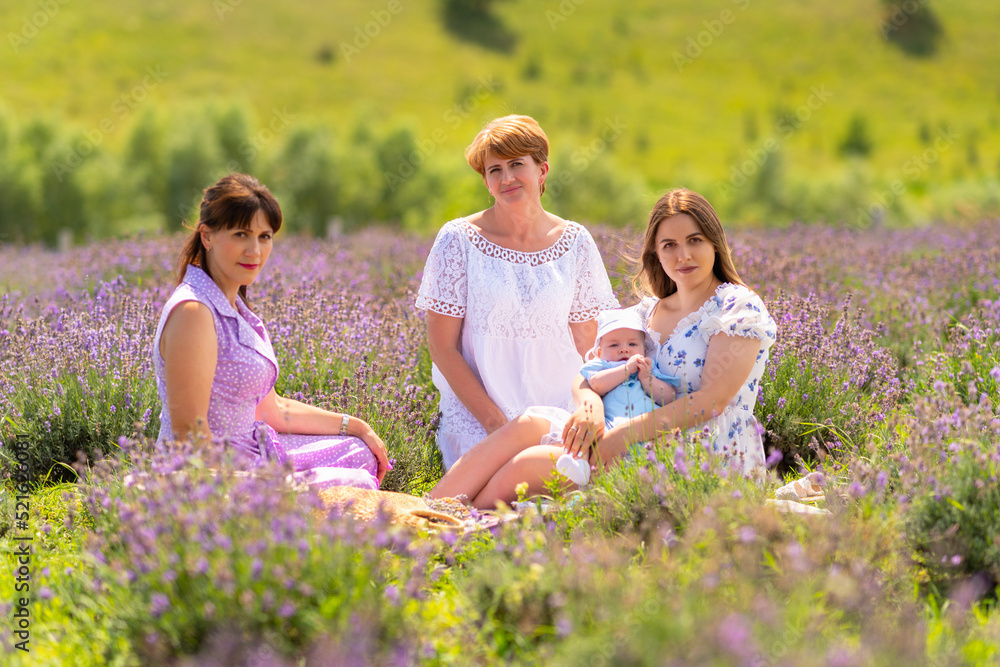 Fototapeta premium Three women sitting amongst lavender with a small baby boy