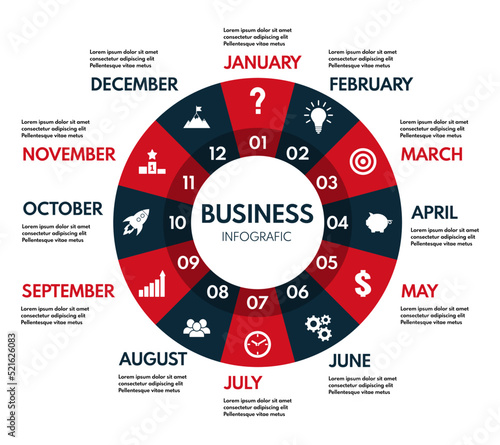 12 months or steps circle diagram, whole year business plan or project timeline, vector infographic