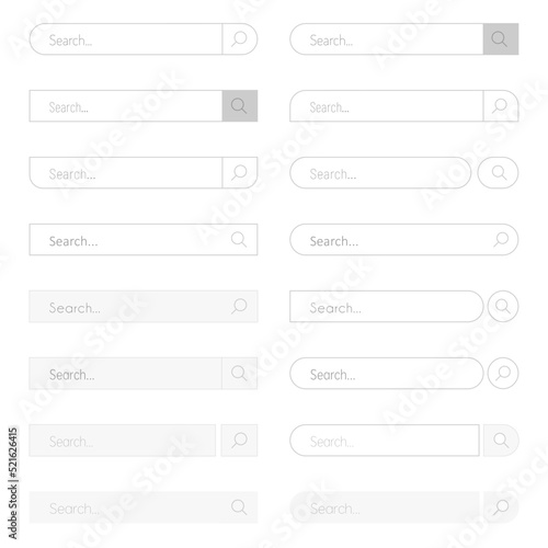 Web page search icons. Internet search symbols. Wep page search design elements. Gray search bar icons.