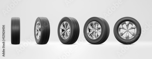 Set of Car tires on a white background. 3D illustration. with clipping path