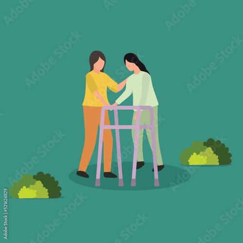 Simple Vector illustration background about a woman walking in medical rehabilitation, physical therapy. Female in recovery doing exercises. Girl therapist helping in rehab healthcare. Modern design