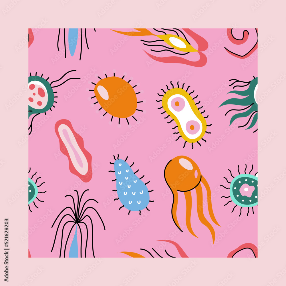 Naklejka premium Colorful medical seamless pattern with cute doodle bacterias, microbs and dnk