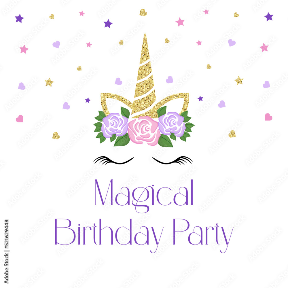 Birthday invitation with unicorn and pink glitte