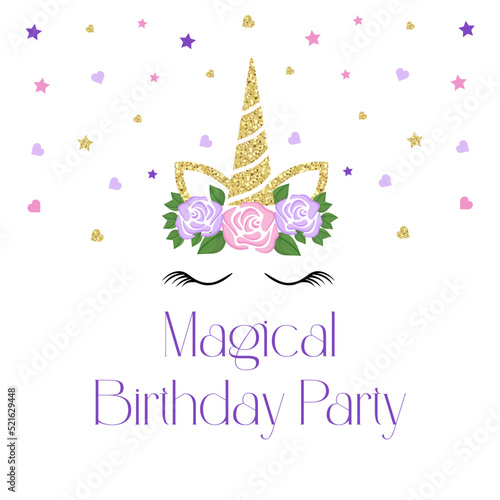 Obraz na płótnie Birthday invitation with unicorn and pink glitte w salonie