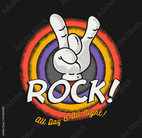 Cartoon rock hand gesture on vintage rounded background for t-shirt print on poster or flyer design for rock music lovers. Vector illustration