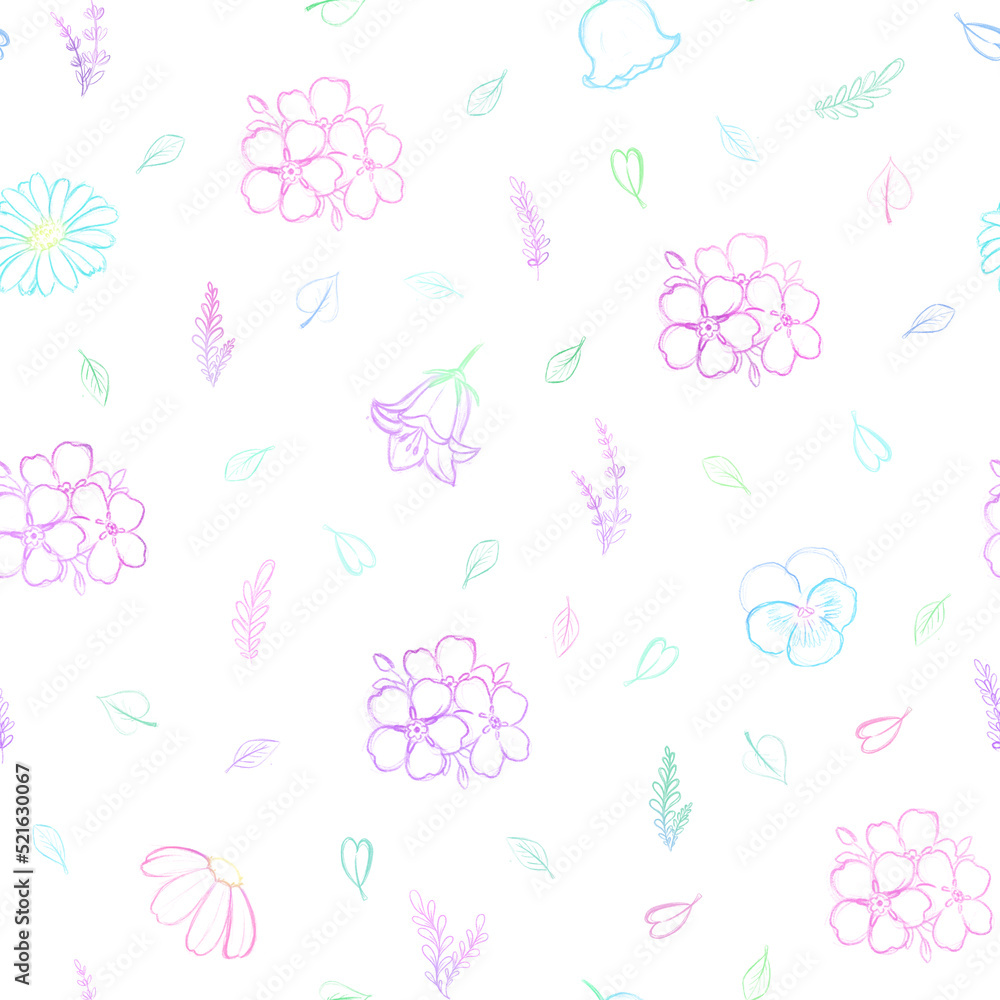 A colorful sketching pattern of different flowers and leaves. Digital drawing, illustration. A colorful sketching pattern of different flowers and leaves. Digital drawing, illustration.