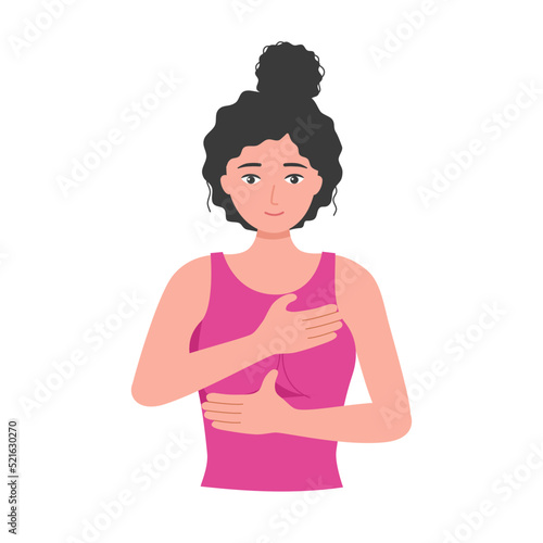 Breast self exam concept vector illustration on white background. Young woman checking breast herself in flat design.