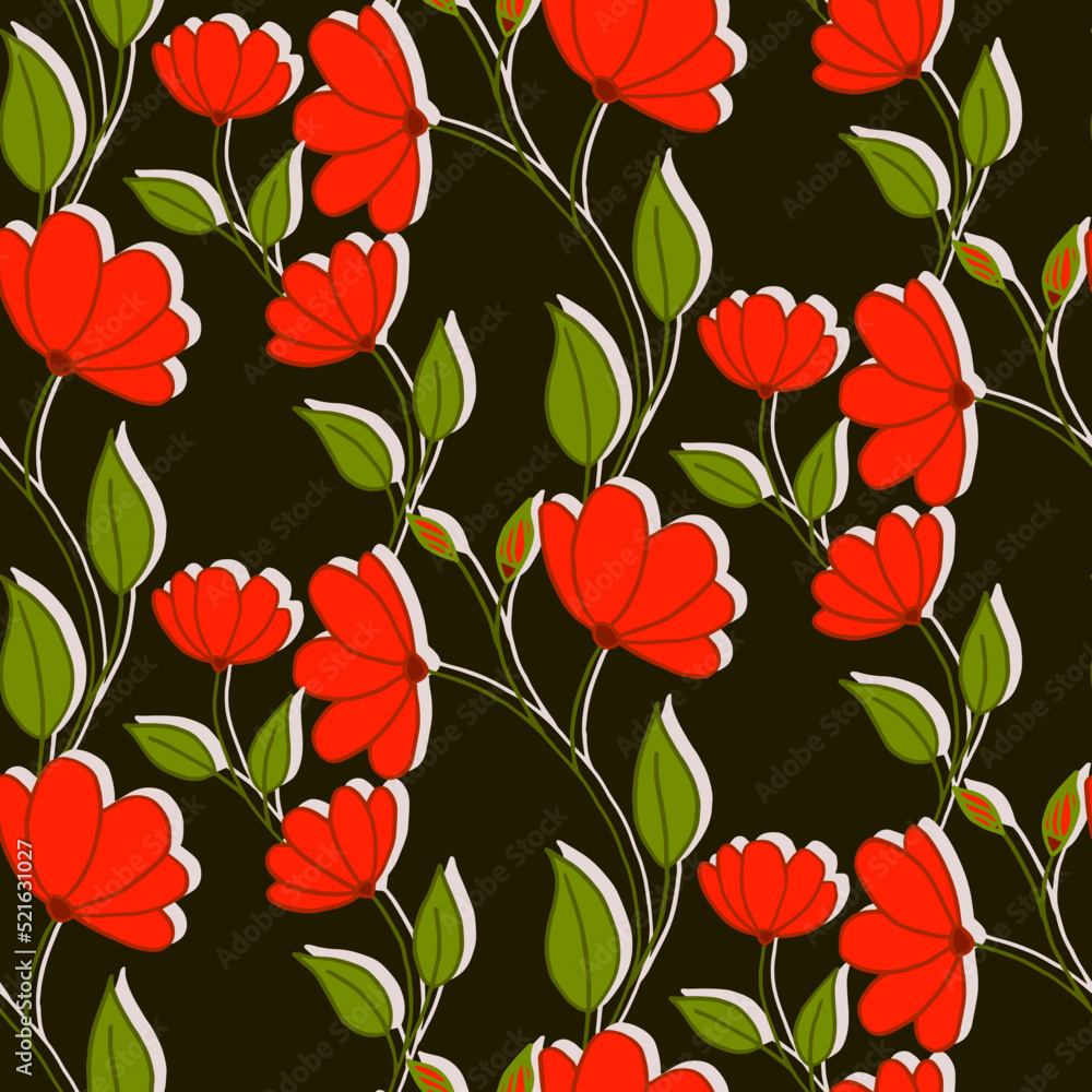 Vector, pattern of red flowers. Pattern of red flowers on a dark background. For printing on fabric. Vector, pattern of red flowers. Pattern of red flowers on a dark background. For printing on fabric.