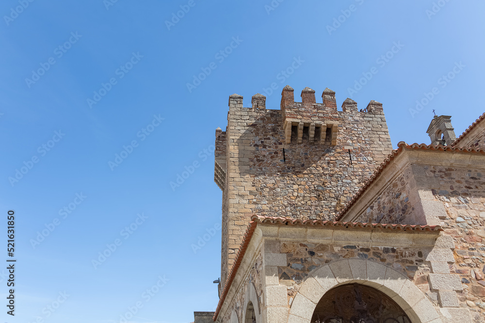 Detailed view at the medieval tower Bujaco, iconic Torre Bujaco, a heritage building on Plaza Mayor in Cáceres city downtown, Spain
