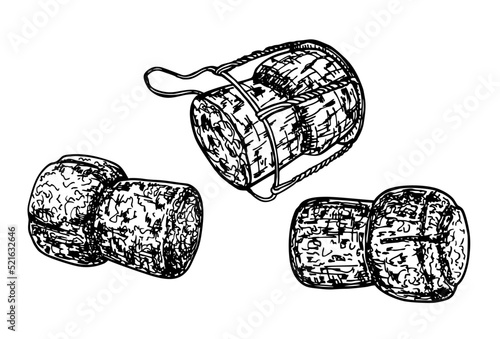 Champagne bottle cork sketch. Cork stoppers isolated on white background. Hand drawn vector illustration. Retro style. Wine bottle plug made of cork tree. Engraving style. Vector illustration