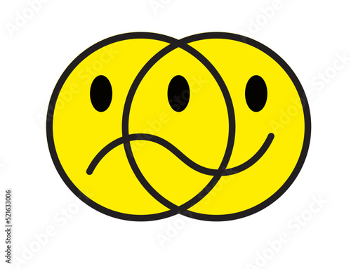 Smile sad face. Happy and sad emoji. You Decide. Happy or Sad. Your mood your choice. Vector cartoon emotion of happiness and sadness sign. Smiley