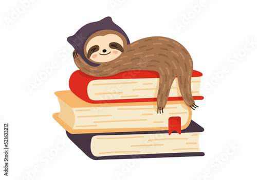 Reading for sleep. Cute sloth naps tight on books. Student tired to read.