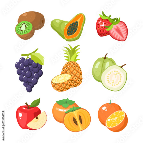 9 fruits collection guava  papaya  strawberry  grape  pineapple  persimmon  apple  orange  and kiwi on white background. Vector illustration flat cartoon design.