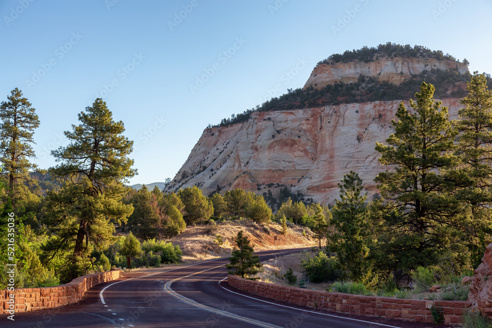 Scenic Road in American Mountain Landscape. Sunny Morning Sunrise Sky. Zion National Park, Utah, United States of America. Adventure Travel
