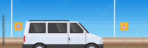Minivan courier on highway asphalt road and minivan truck design flat vector illustration.