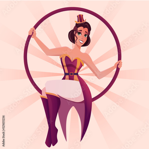 Aerial gymnast girl sit on hoop. Circus gymnast. Cartoon character.