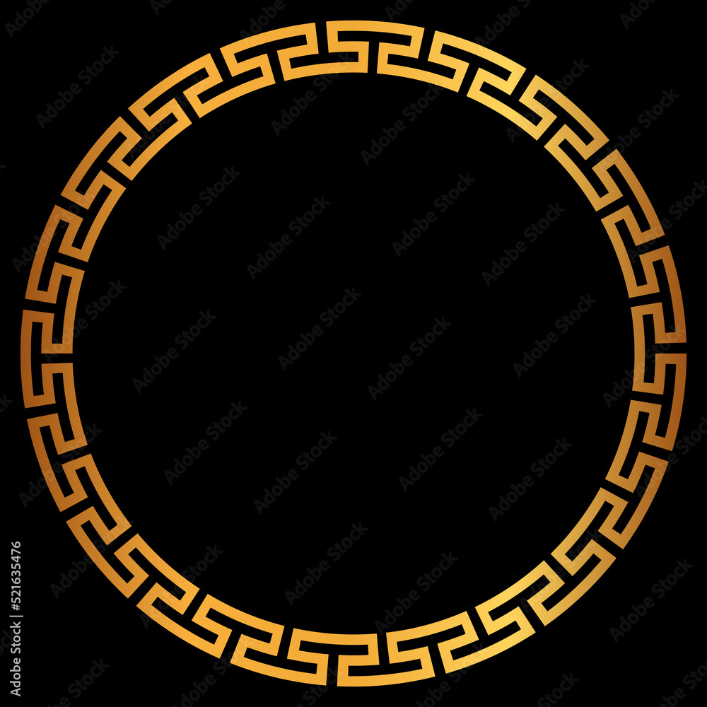 Golden round greek frame. Golden circle frames with traditional patterns isolated on black background. Greece circular ornament. Border template. Golden round greek frame. Golden circle frames with traditional patterns isolated on black background. Greece circular ornament. Border template.