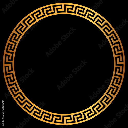 Golden round greek frame. Golden circle frames with traditional patterns isolated on black background. Greece circular ornament. Border template.