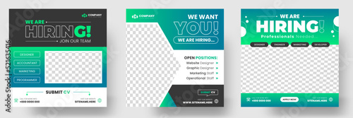 We are hiring job vacancy social media post banner design template with green color. We are hiring job vacancy square web banner design.