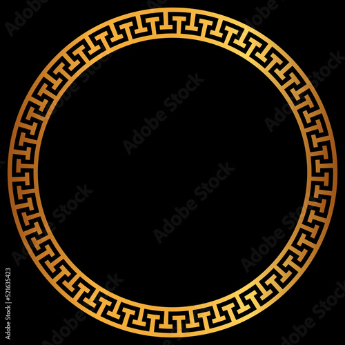 Golden round greek frame. Golden circle frames with traditional patterns isolated on black background. Greece circular ornament. Border template.