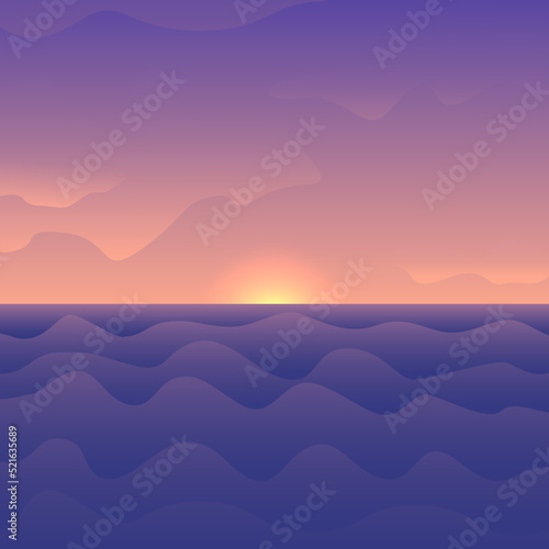 Vector illustration of a cartoon-style sunset at a wavy sea