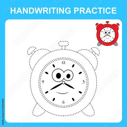 Handwriting practice. Trace the lines and color the alarm clock. Educational kids game, coloring book sheet, printable worksheet. Vector illustration