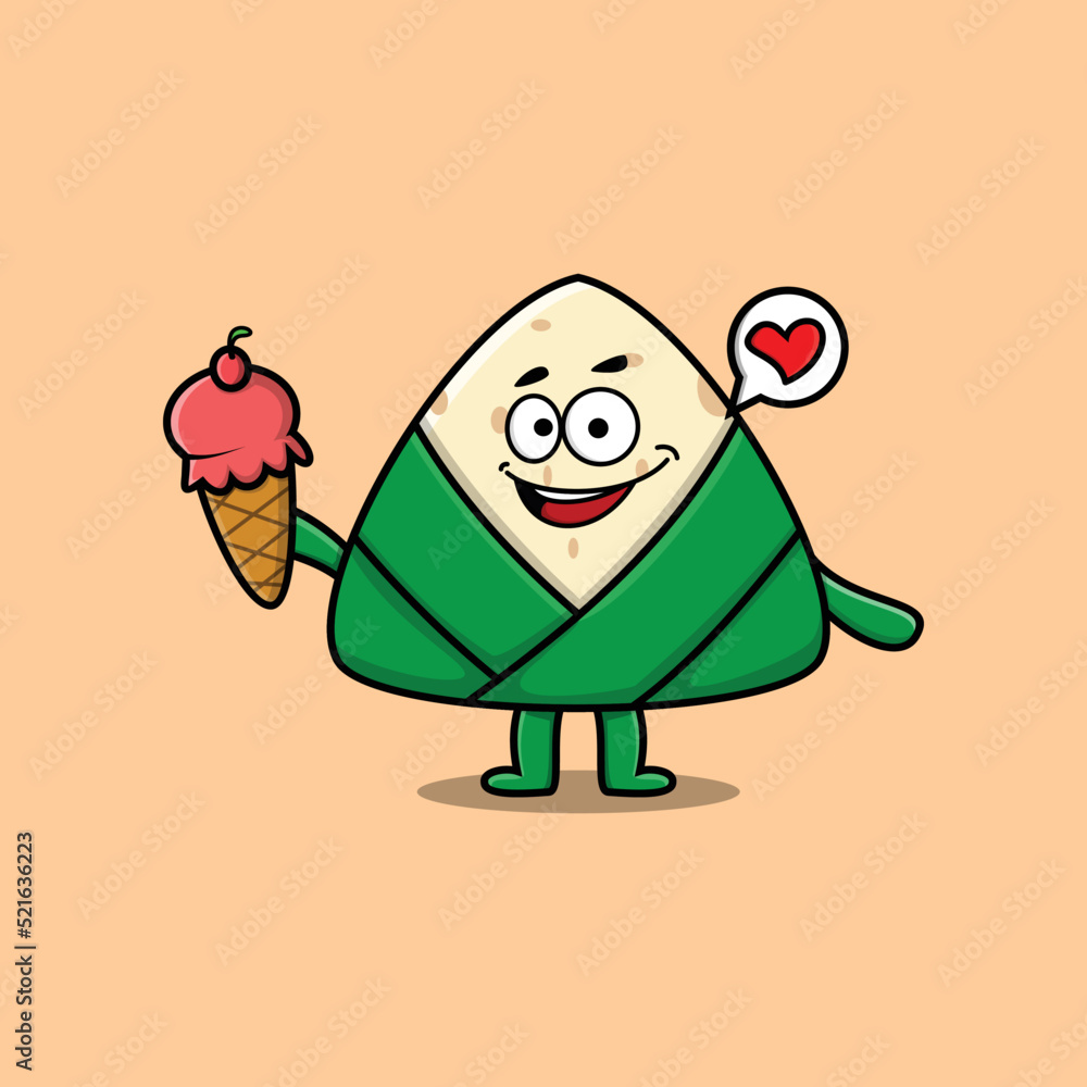 Cute Cartoon chinese rice dumpling character holding ice cream cone Cute Cartoon chinese rice dumpling character holding ice cream cone