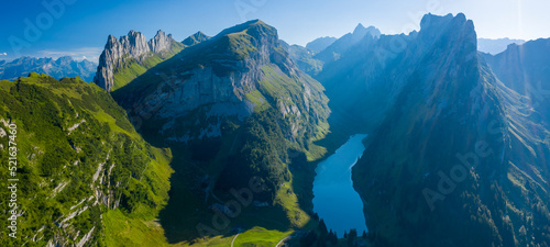 Aerial view of mountain landscape with Samtisersee Lake in Brulisau, Switzerland.