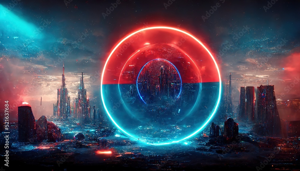 Futuristic neon blue portal to another world on a futuristic city background. A circular portal to another world. 3d artwork - obrazy, fototapety, plakaty 