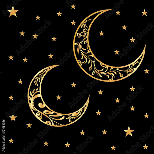 Collection of shiny gold crescent moon and stars vector