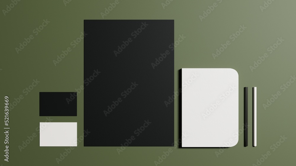 Corporate Stationery, Branding Mock-up, deep shadows, with clipping path, isolated, changeable background, visiting card. with letter ped, leather book and panicle. 3d illustration, 3d rendering