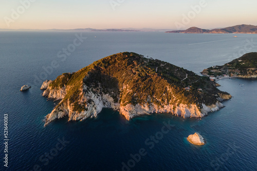 Aerial view of Capo d'Enfola at sunset, a scenic bay in Portoferraio, Elba Island, Tuscany, Italy.