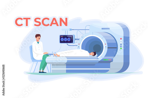 CT scan. Computed tomography scan. Doctor is carrying out CT scanning. Patient is laying on the ct device. Clinic. Medical equipment. MRI.