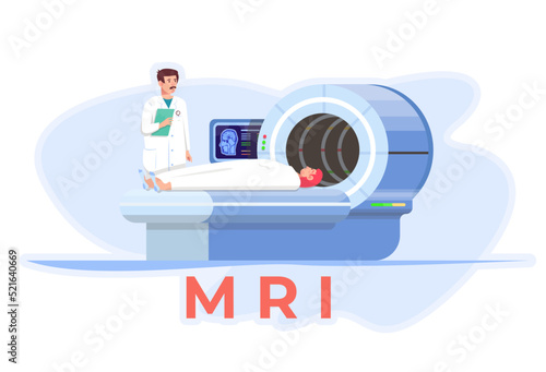MRI device. MRI scan. Magnetic reasoning imaging. Doctor is explaing to the patient the process of scanning. Patient is laying on the device. Medical equipment.