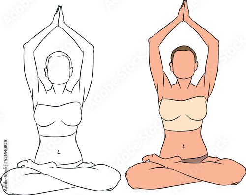 Peaceful meditation and yoga practice of woman. Person meditating and relaxing in zen lotus position. Harmony, balance and awareness concept. Flat illustration isolated on white background.