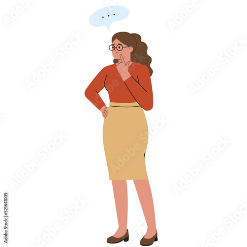 Thinking woman. Girl in pensive mood. Character. Cartoon. Standing girl.