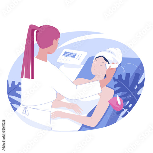 Beautician carrying out apparatus procedure to the client. RF lifting. Face lifting. Face cleansing. Cosmetology. Theraphy. SPA and wellness.