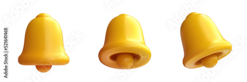 Set golden notification bell in 3d realistic cartoon style isolated on white background. Collection minimal modern glossy ringing bells various view. Cute colorful vector illustration.