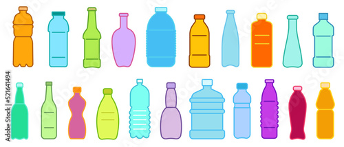 Set of lines silhouettes bottles various shapes isolated on white background. Collection minimal elements for food and drink icon  symbol. Vector illustration.