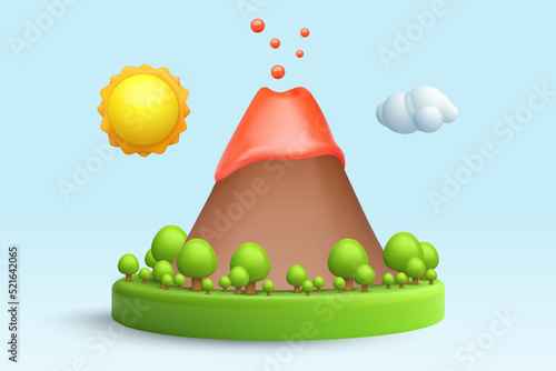 Realistic cartoon 3d volcano in minimal cute style. Green nature podium, pedestal or island with trees. Cute glossy modern children composition. Vector illustration.