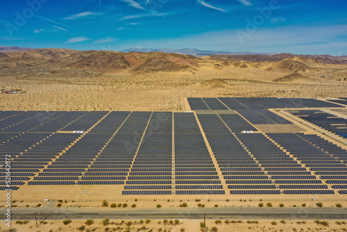 Aerial view of solar panels in the desert of San Bernardino, California, United States. photo