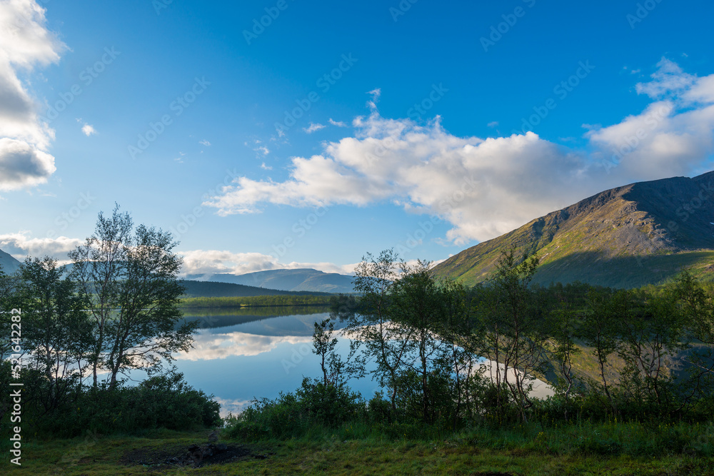 Panoramic view of the lake in the mountains