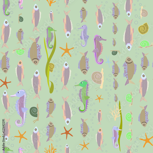 a pattern without a background of colorful seashells and seahorses