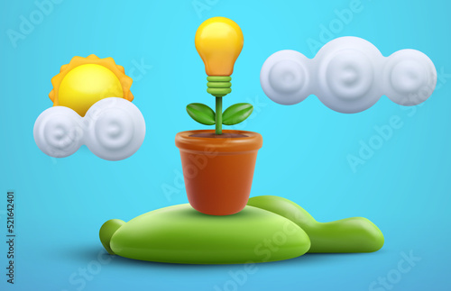 Green ecology alternative energy concept design. Bulb in pot on green podium. Creative abstract composition in 3d realistic minimal style. Cartoon modern vector illustration.